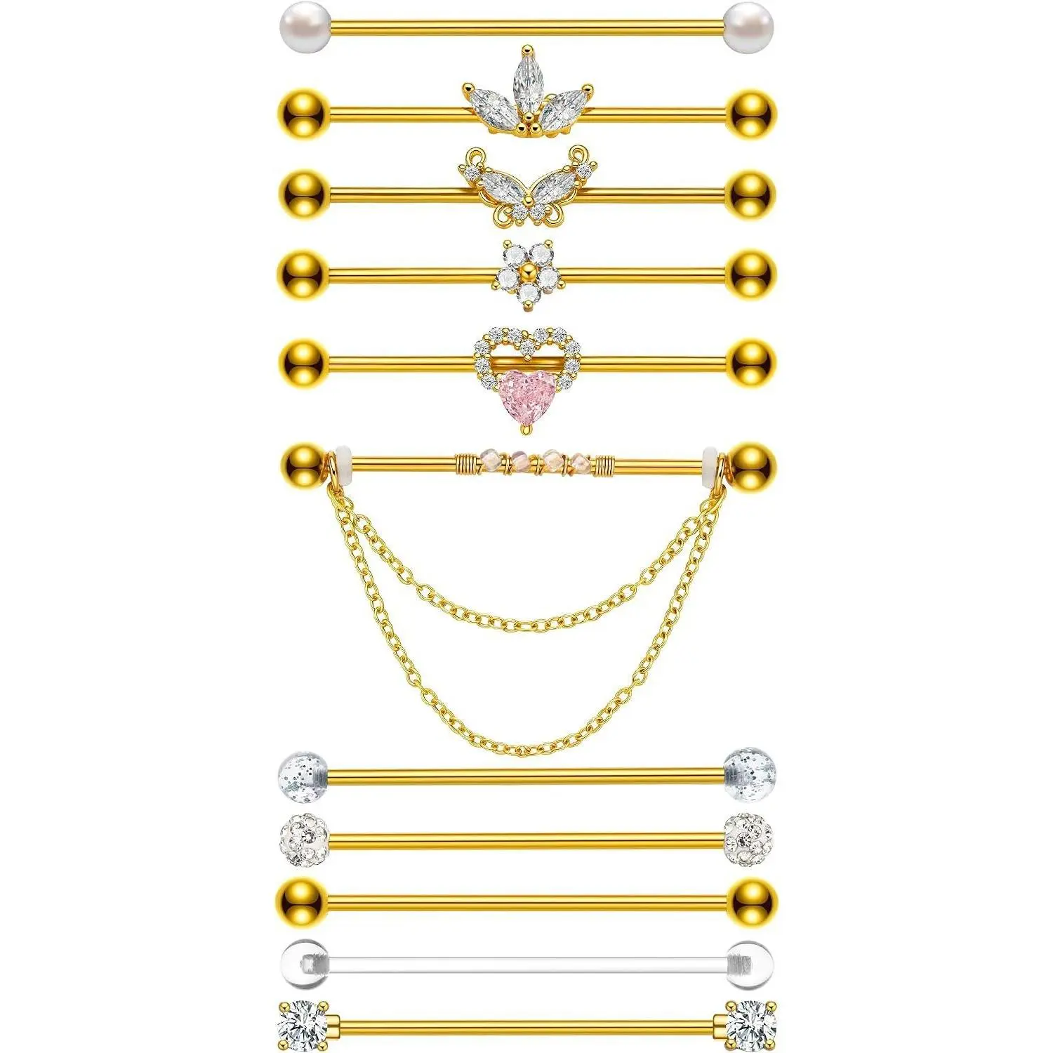 Industrial Piercing Jewelry Gold Silver Industrial Bar 14G Surgical Stainless Steel Industrial Earrings Chain Butterfly Flower Heart Industrial Barbell 1 1/2"(38mm) Bar Length