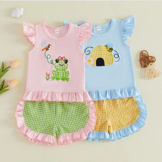 Toddler Baby Girls Summer Outfits Adorable Bee Flower Embroidery Flying Sleeve Round Neck Tops and Plaid Shorts Set