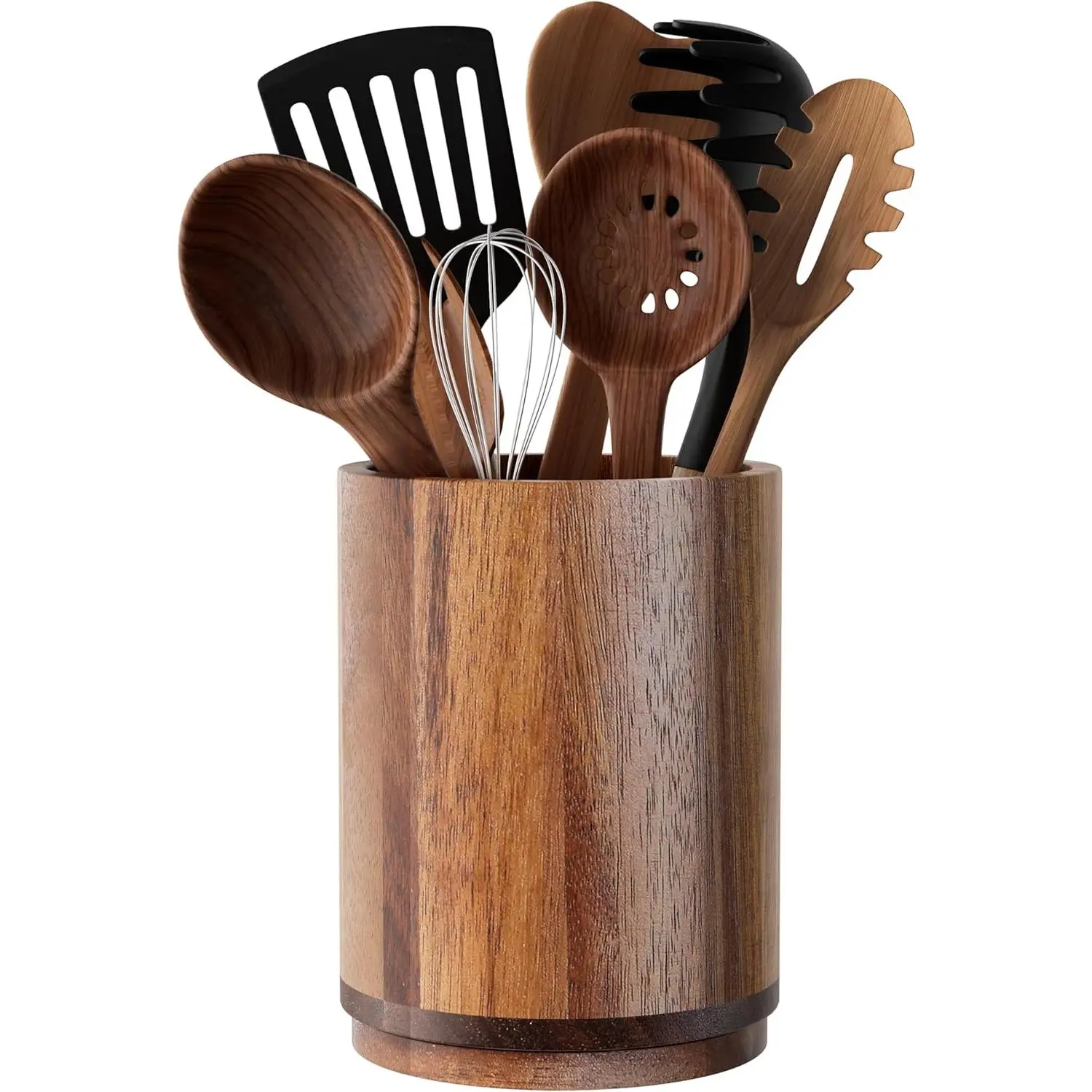 Utensil Holder, Acacia Wood Kitchen Utensil Holder for Countertop, 360 ° Rotating Cooking Utensil Crock for Kitchen Counter, 7.2" Large Utensil Organizer for Spatula