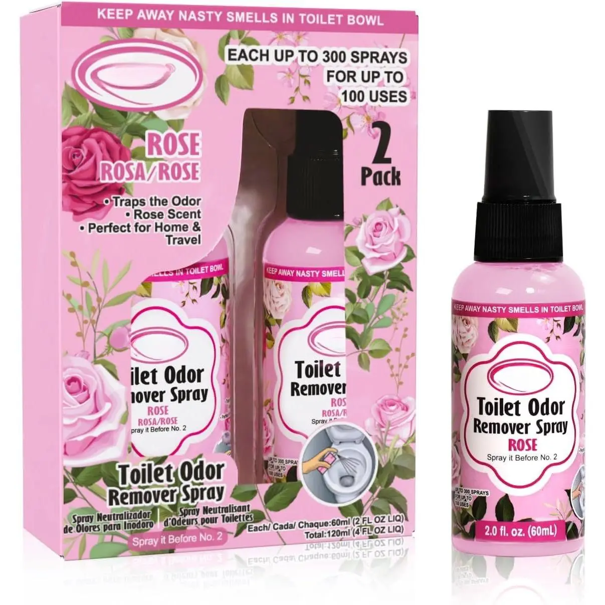 Toilet Poop  2 Fl Oz (2 Pack), Rose Scent Odor  |  Before No. 2 To  Bathroom Odors, 100 Uses Per Bottle, Portable Size For Travel, , Office & School