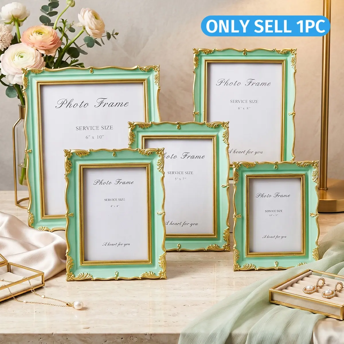 French Mint Wave Carved Frame, Resin Floral Stand, Luxury Wedding Photo Frame, Wall Mount, Desktop, Living Room Decor