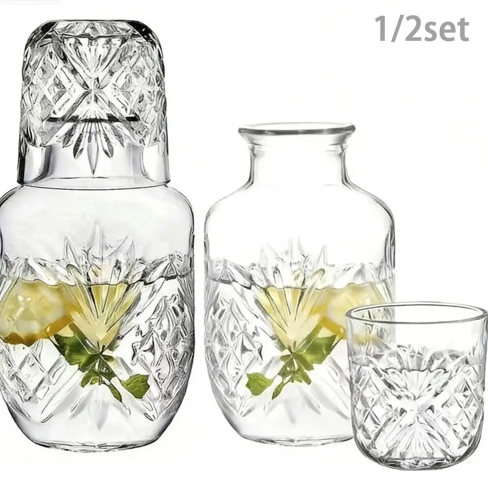 525ML Hand Blown Lead Free Crystal, Nightstand Carafe and Glass Set, Dust Proof Shatter Resistant Dishwasher Safe, Durable Glassware, Stylish Drinkware for Home Decor, Housewarming Bridal Shower Holiday Gift
