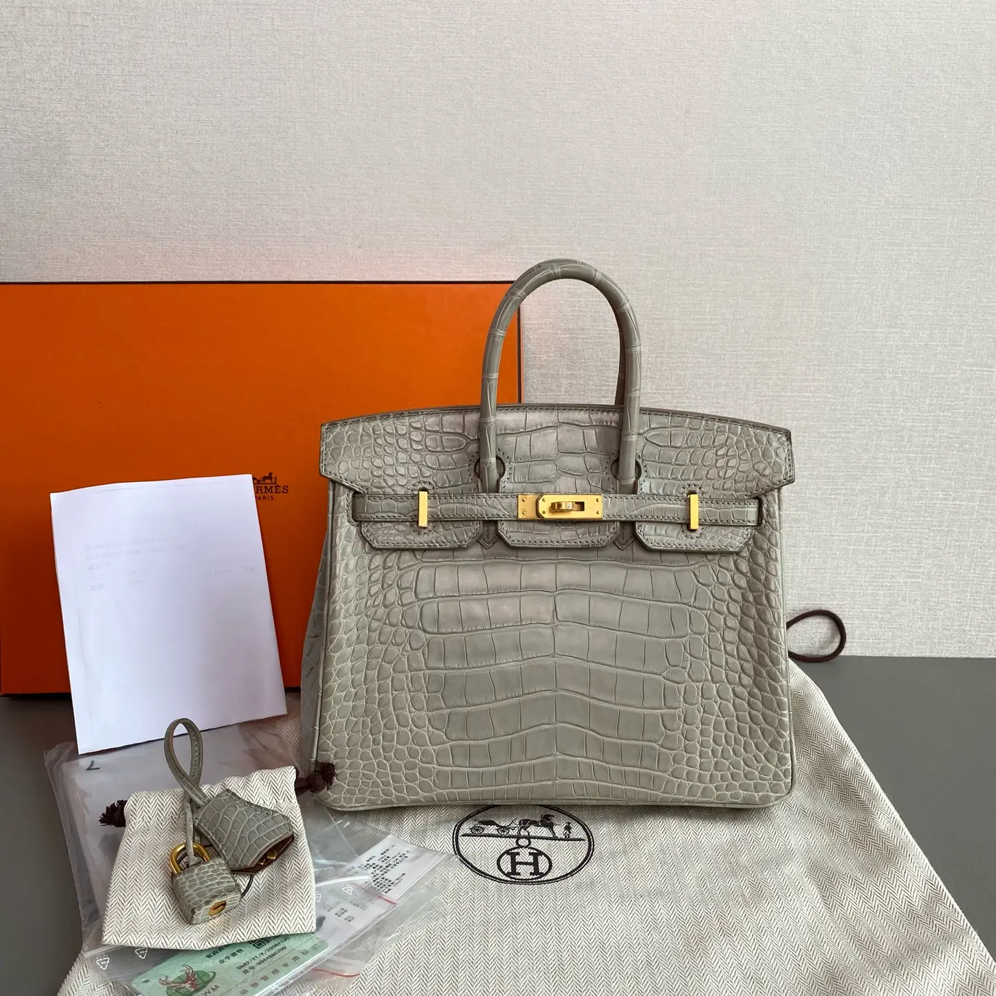 Pre-owned Hermes Birkin 25 Luxury Bag Matte Alligator, Brushed Gold Hardware, Pearl Grey (P06E16021)