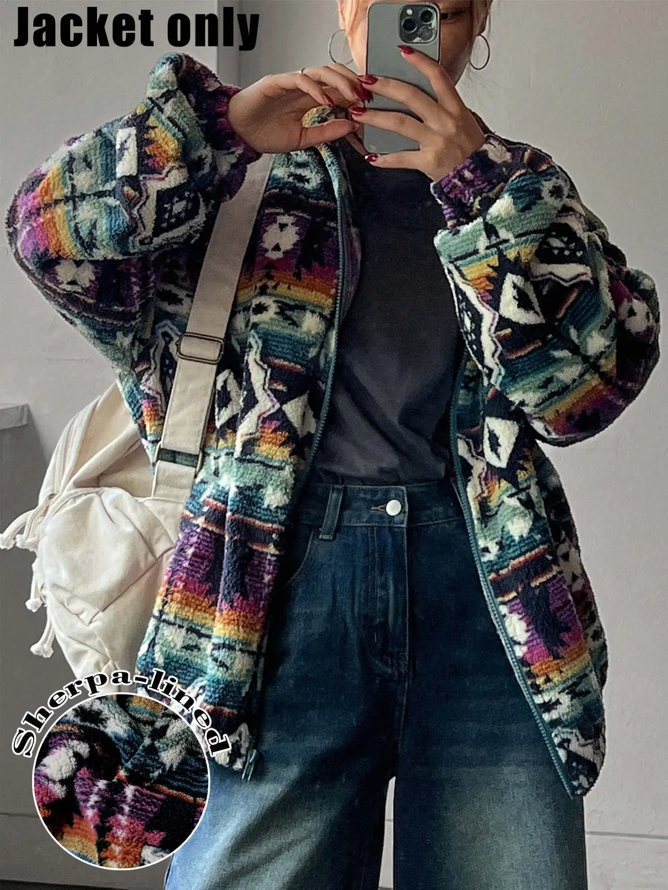 Ethnic Style Sherpa Coat, Thick Warm Fleece Material, Full Zipper Design, Loose Fit Long Sleeve, Hidden Pockets, Fall Winter Outerwear