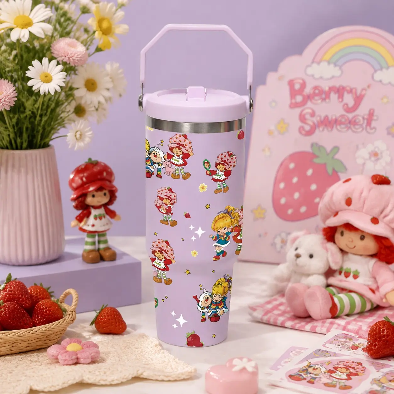 30oz Strawberry Tumbler with Handle, Cute Cartoon Girl Print Cup, Kawaii Berry Aesthetic Travel Mug, Sweet Strawberry Water Bottle, Pastel Purple Insulated Coffee Cup, Summer Gift Idea, Back To School Must Have, Cute Drinkware, Viral TikTok Find