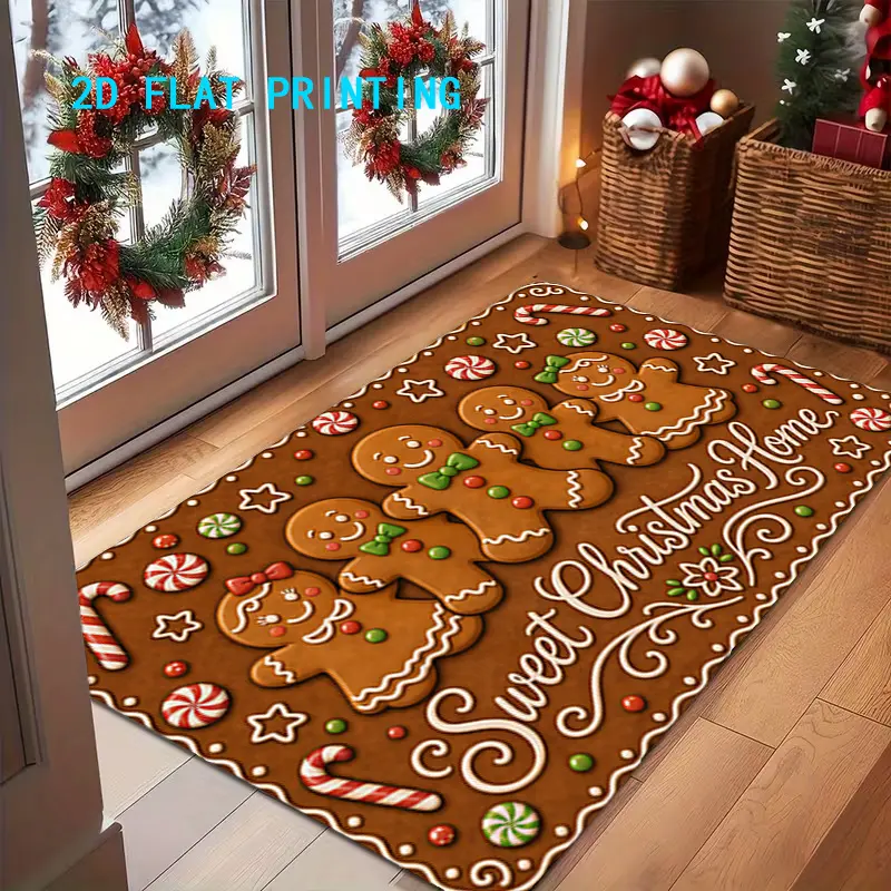 Flannel Floor Mat 1pc, 2D flat printing, Christmas gingerbread man themed floor mat, festive cozy home carpet, colorful and non-slip, machine washable carpet, suitable for home decoration, entryway, hall, bathroom, and balcony