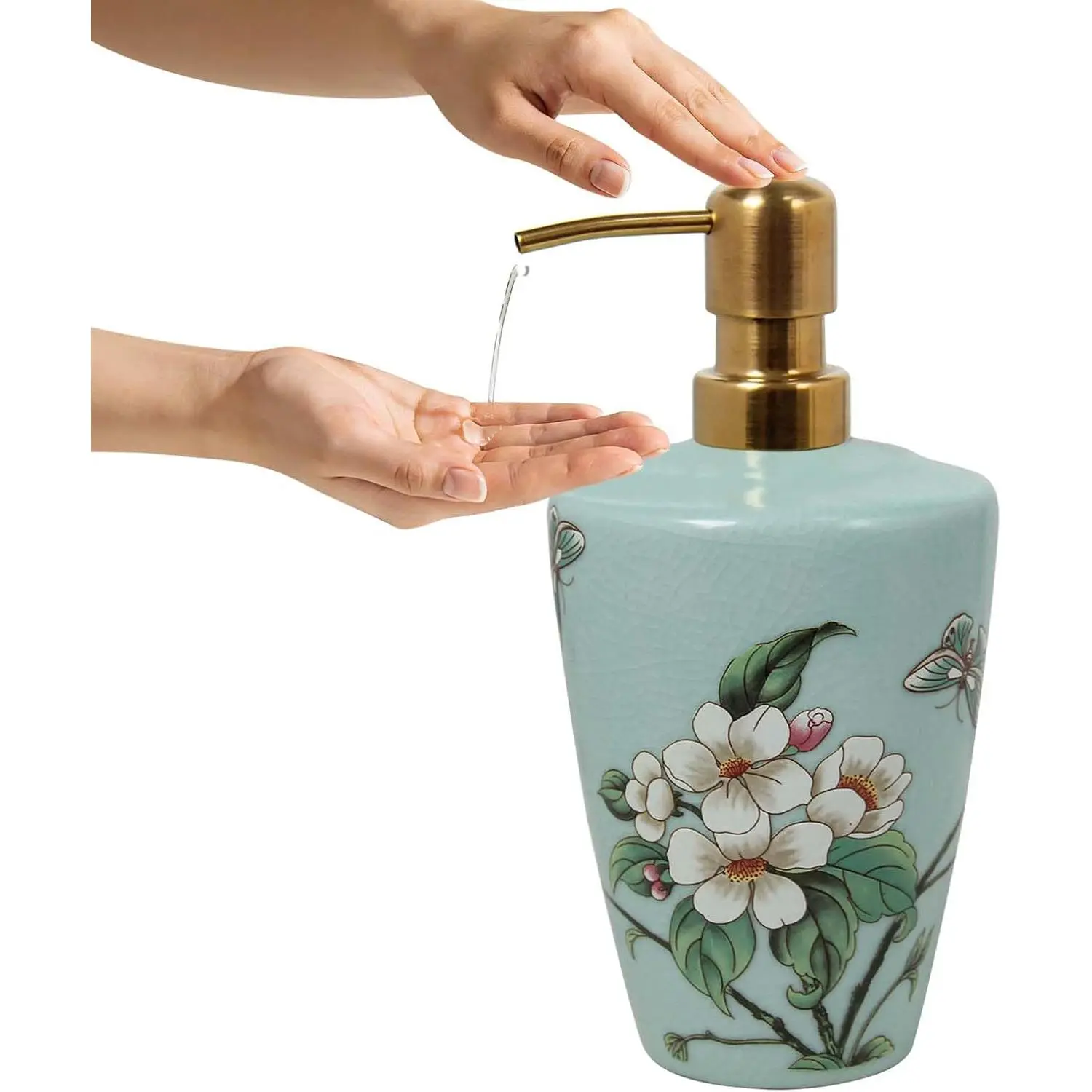 16.9oz Ceramic Soap Dispenser Set, Vintage Floral Pattern Refill Bottle with Gold Pump, Crack & Stain-Resistant for Bathroom Aesthetics, Kitchen Sink Countertop (Green), Resists Cracks And Stains
