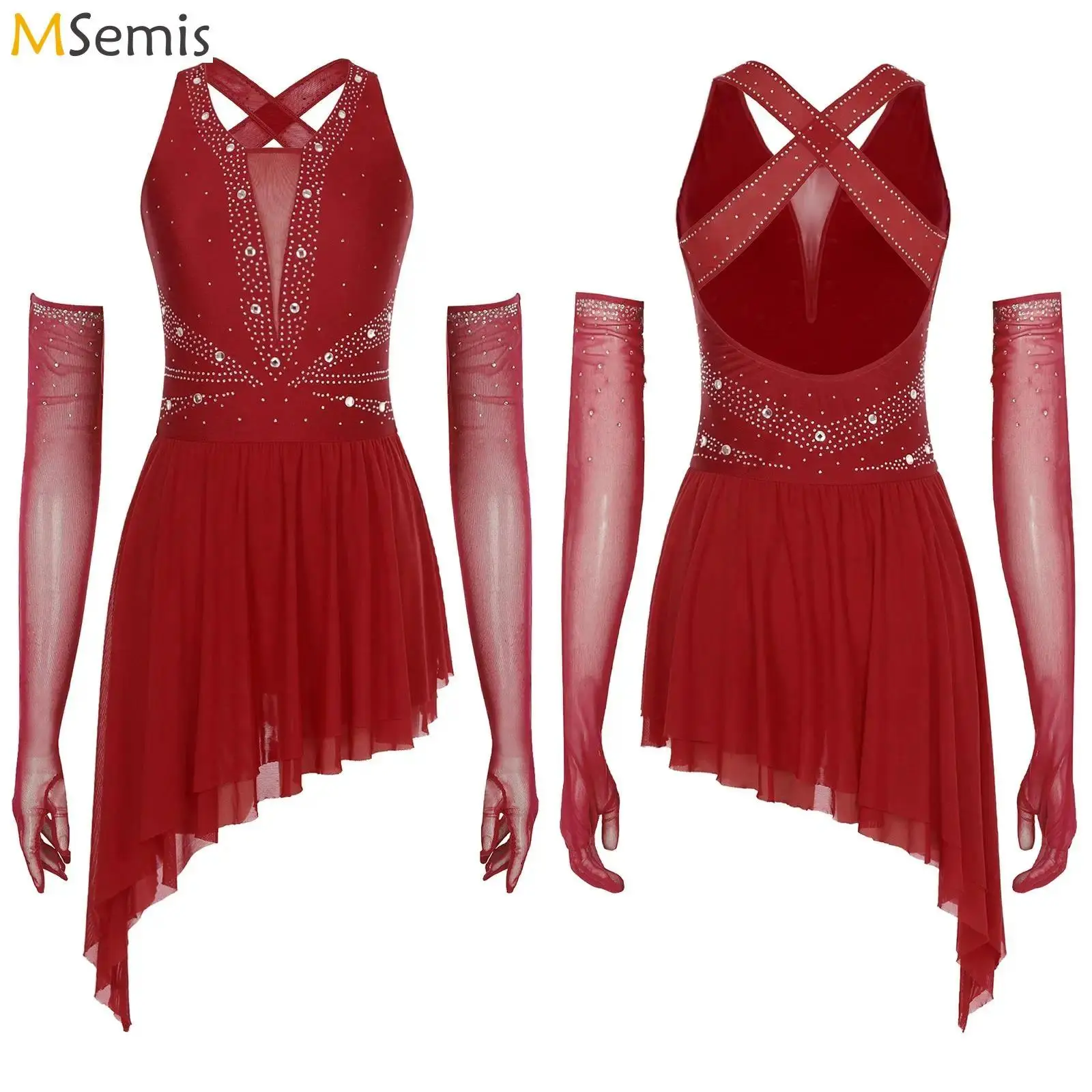 Women Lyrical Tango Dance Dress Rhinestone Asymmetrical Dress with Gloves Salsa Tango Ballroom Jazz Rumba Samba Dance Costume