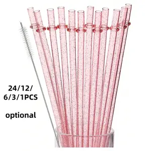 24Pcs Reusable Plastic Sturdy Straws - Colorful Pink Long Hard Cup Drinking Straws with Flashing Decorations, Compatible with Stanley 30 oz Cup Tumbler