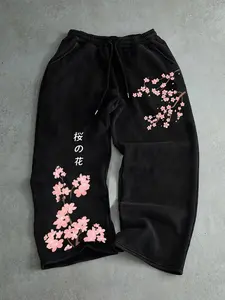 Men's Sporty Sweatpants with Cherry Blossom Print, Japanese Text Design, Traditional Streetwear Style, Casual Running Pants for Men