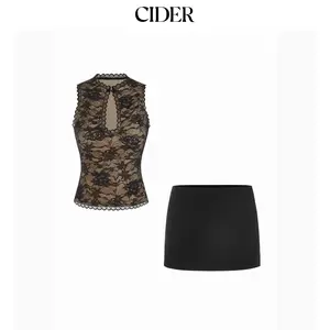 Cider Lace Cut Out Halter Neck Top & Low Rise A-line Mini Skirt Set