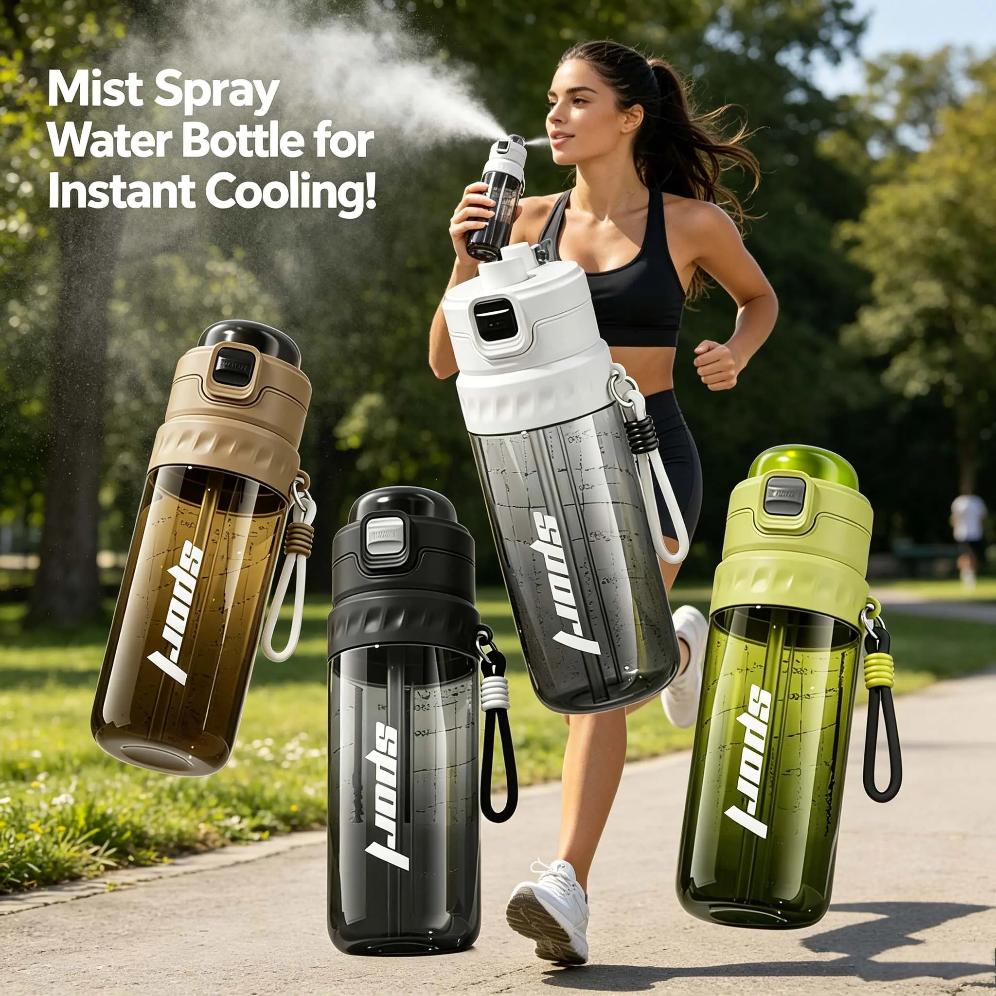 Sporty Chic 2-in-1 Misting Sports Water Bottle for Athletic Training, Leak-Proof BPA-Free Tritan Plastic with Pop-Up Lid and Wrist Lanyard, Athletic Training Sports Water Bottles