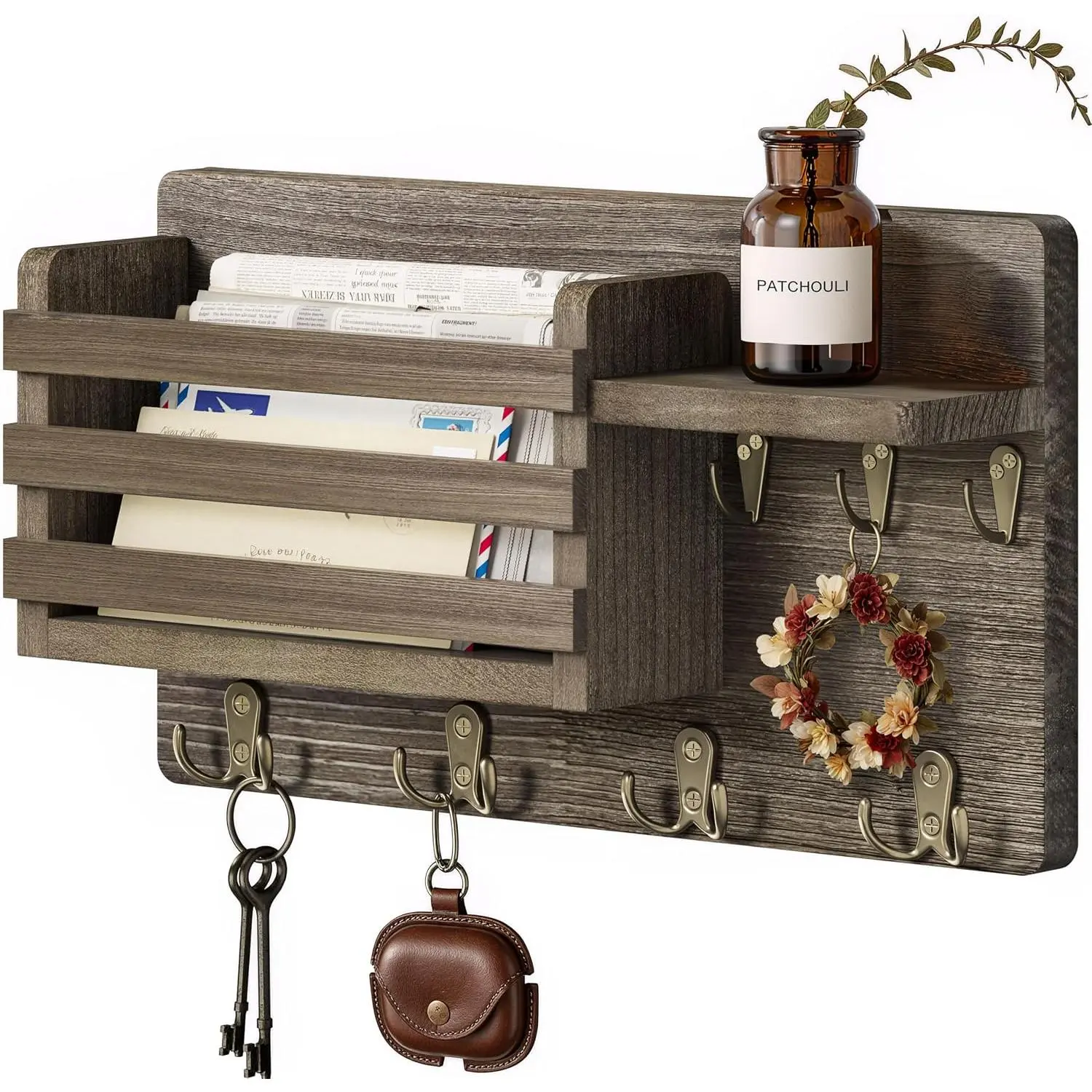 Key Holder Wall Mount with Mail Organizer, 16" L x 5" W x 9.1" H Oversized Keys Hanger Rack with Shelf and 7 Hooks, Wood Wall Organizer for Wallet, Dog Lesh (Brown)