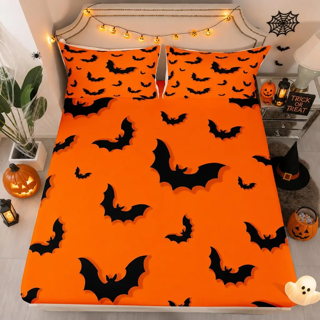 Base Bat Print Three-Piece Bed Sheet Set, Halloween Festival Microfiber Bed Sheet with 2 Pillowcases, Teen Dorm Room Decor