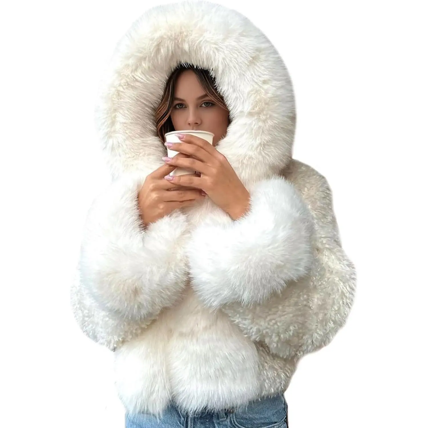 Arssm Women's Faux Fur Coats with Hood Winter Warm Cropped Hoodie Jacket Long Sleeve Thick Short Outerwear with Pockets