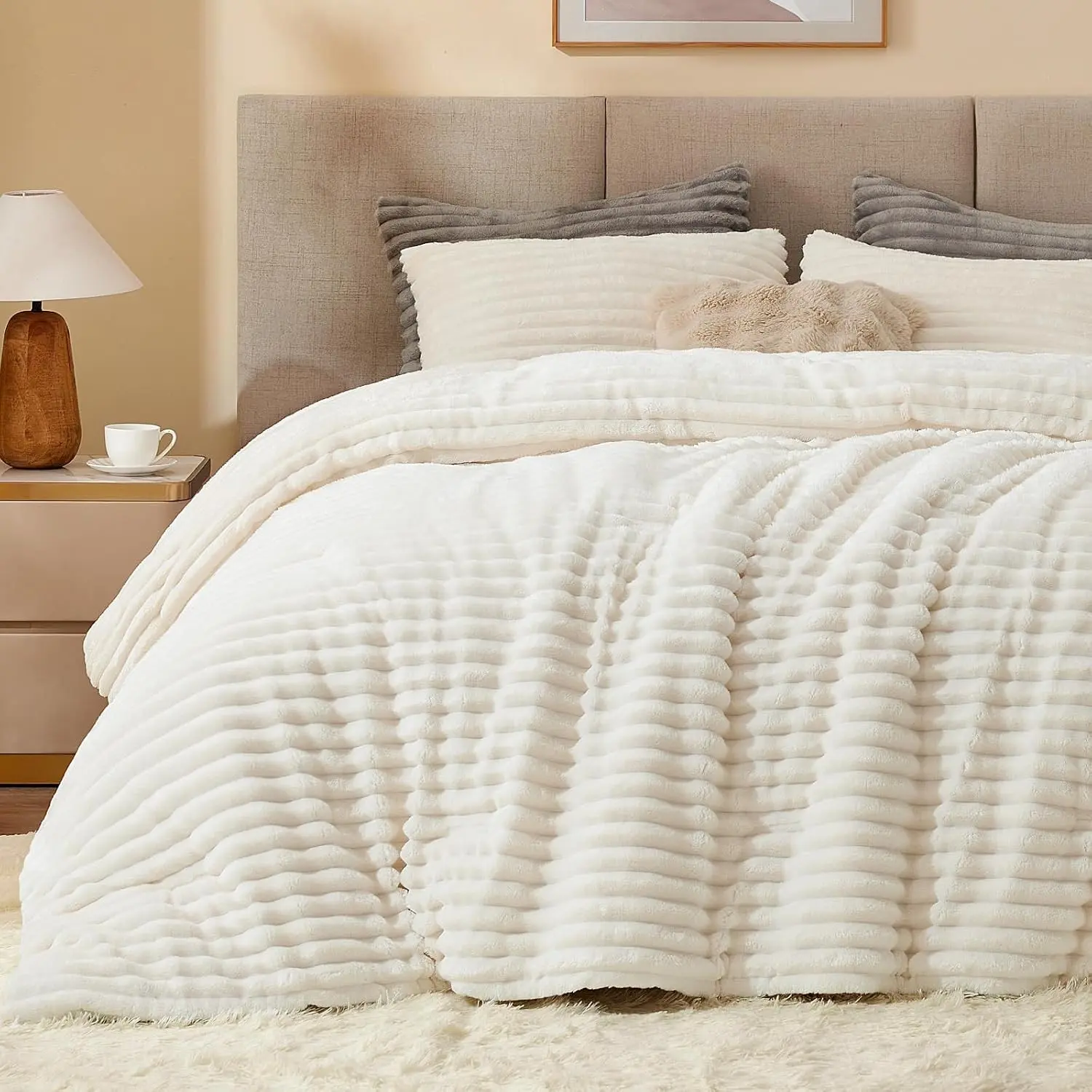 Fleece King Comforter Set - Super Soft & Warm Fluffy Cream White Bedding, Luxury Fuzzy Heavy Bed Set for All Season with 2 Pillow Cases