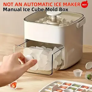 Large 48 Ice Cube Mold Box,【NOT AN AUTOMATIC ICE MAKER】 Dual Layer Food Grade Plastic Tray, Easy Slide, Safe Lid, Ideal for Whiskey and Cocktails, Home Bar Essential