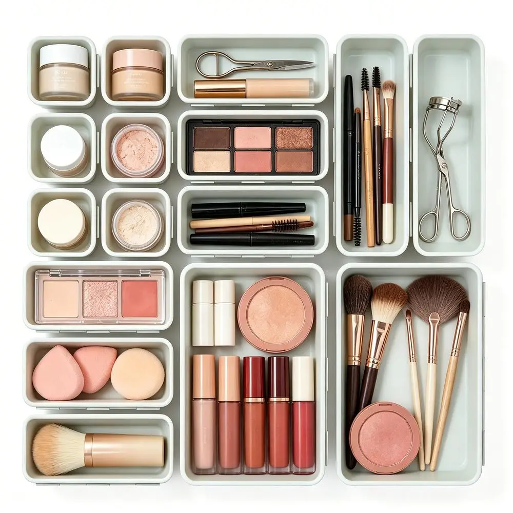 16-Piece Sleek Plastic Drawer Organizers with Durable Separators, Modular Storage Bins in 4 Sizes, Makeup Organizer for Office Cubicles & Home Storage Organization, Cosmetics, Fits Neatly In Drawers, Room Storage