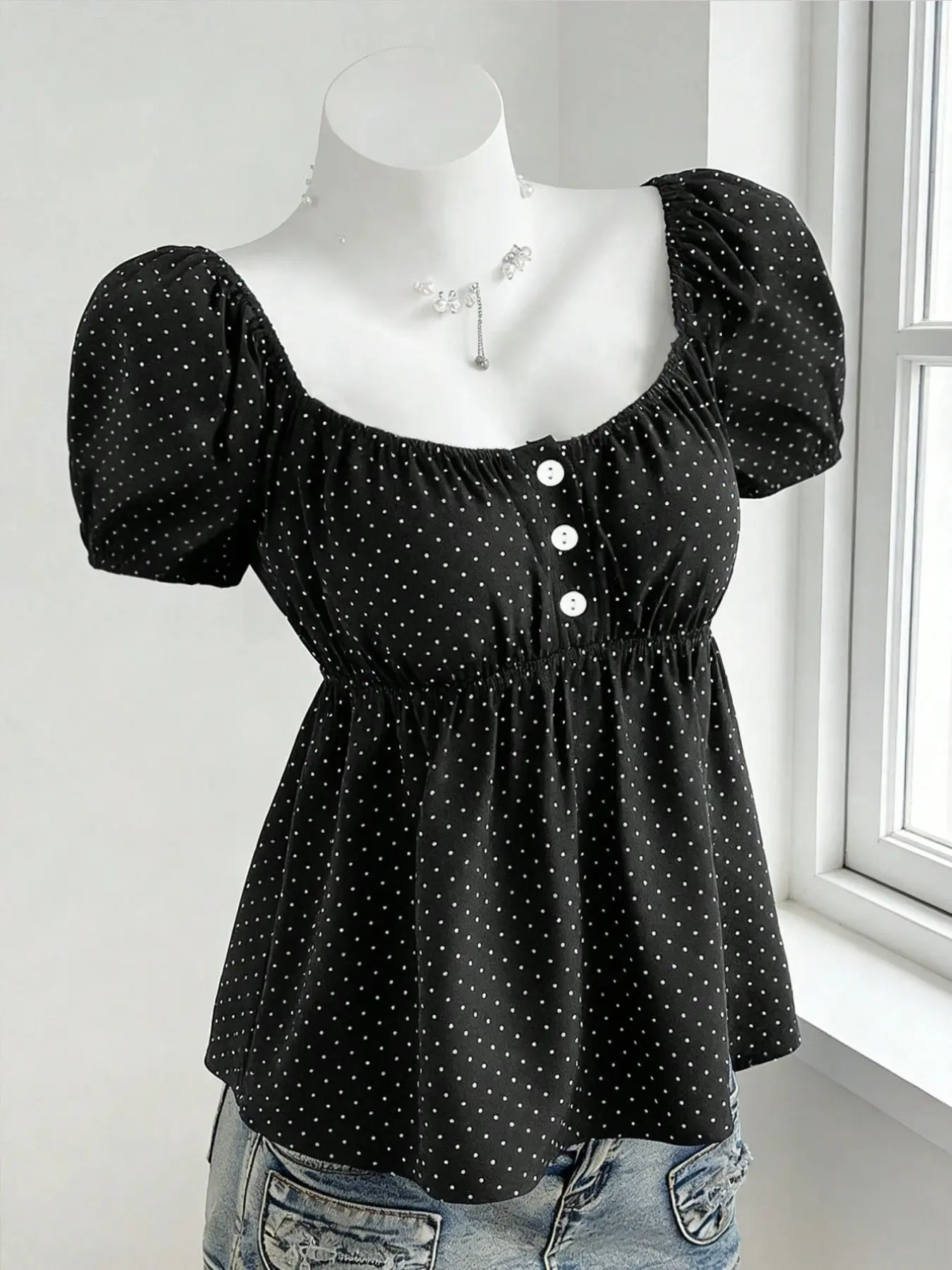 Women's Spring Summer Polka Dot Square Neck Waist Cinch Top, Bubble Short Sleeve Slimming Babydoll Shirt, French Casual Fashion Fitted Daily Commute Blouse, Casual Daily Tops