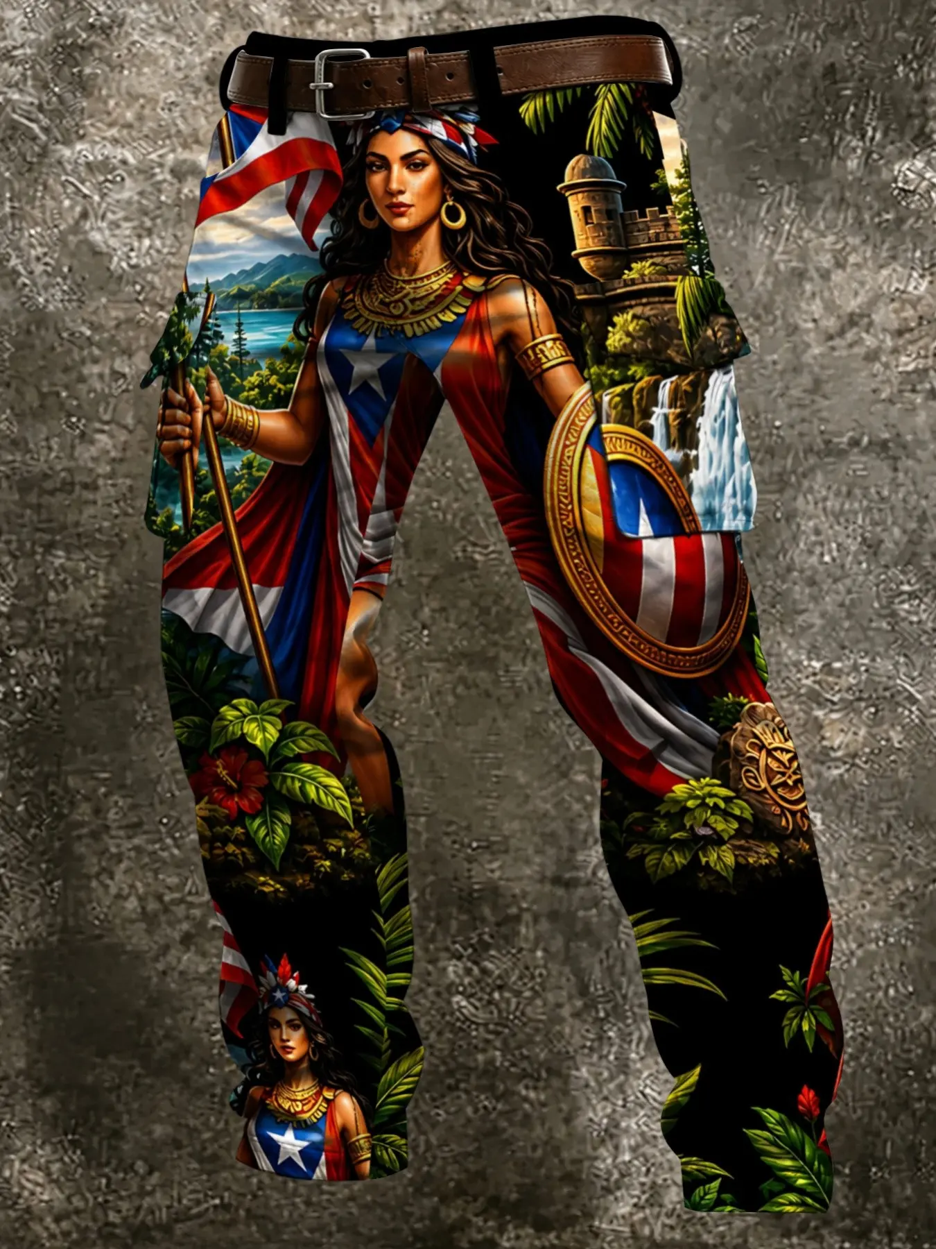 Puerto Rican Culture Goddess Landscape Full Print Work Pants, Base, Ethnic Goddess, Flag Castle Rainforest Waterfall, Casual Long Pants