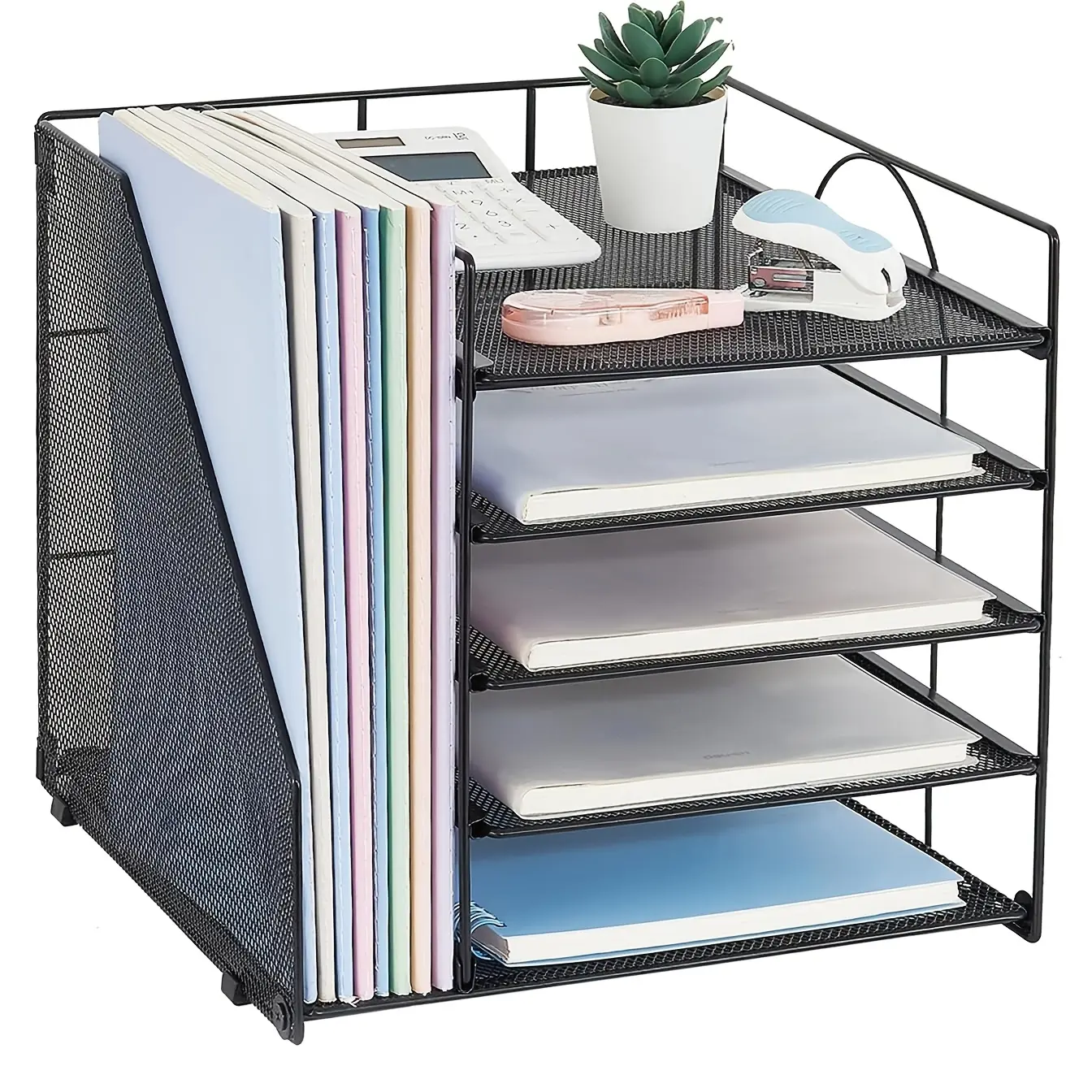 5-Tier Paper Letter Tray Storage Box with File Holder, Desktop Desk Organizer, Document Trays and Stacking Racks, Office Supplies Desktop Storage Caddy for Home Office