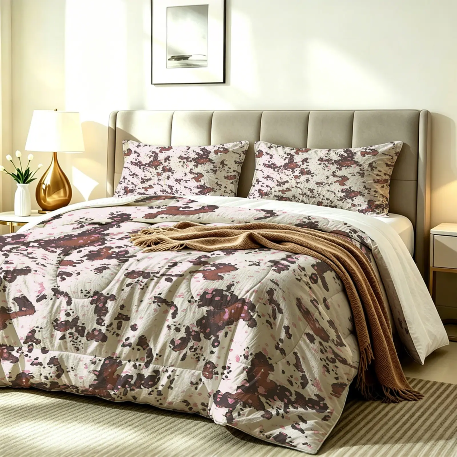 2/3Pcs Vintage Cow Print Comforter Set with Matching Pillowcases, Soft Digital Printed Quilt Bedding Set, Trendy Warm Retro Cozy Atmosphere, Back-to-School Must-Have for Teens, Ideal for Bedroom, Dorm and Apartment Daily Sleeping Decoration