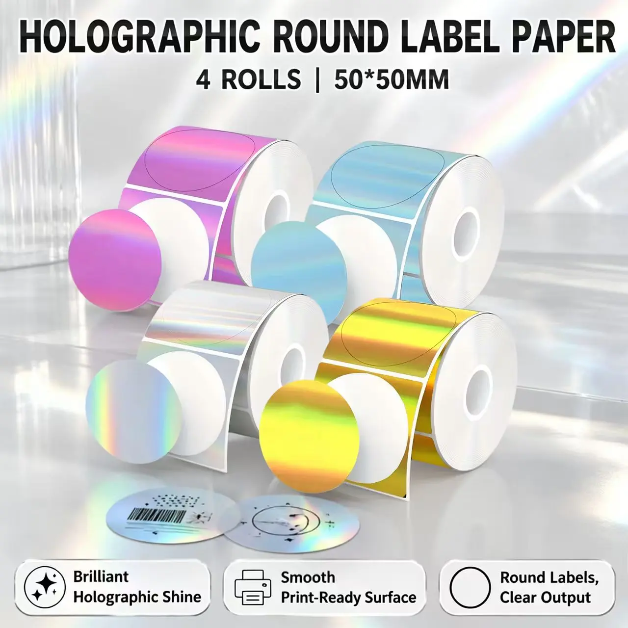4 rolls of full-color laser holographic thermal labels; 50×50mm round, printable holographic thermal labels; self-adhesive thermal label stickers; suitable for signage, office use, and logo labels