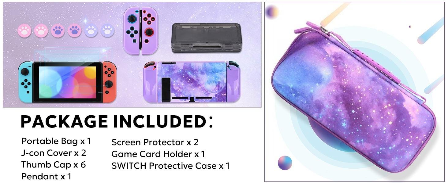 P-PHP010   Switch Case for NS Switch,  15 in 1 Switch Accessories Bundles with Switch Carrying Case, Switch Game Case, Switch Protective Case, Switch Screen Protector, Switch Thumb Caps (Galaxy Purple)