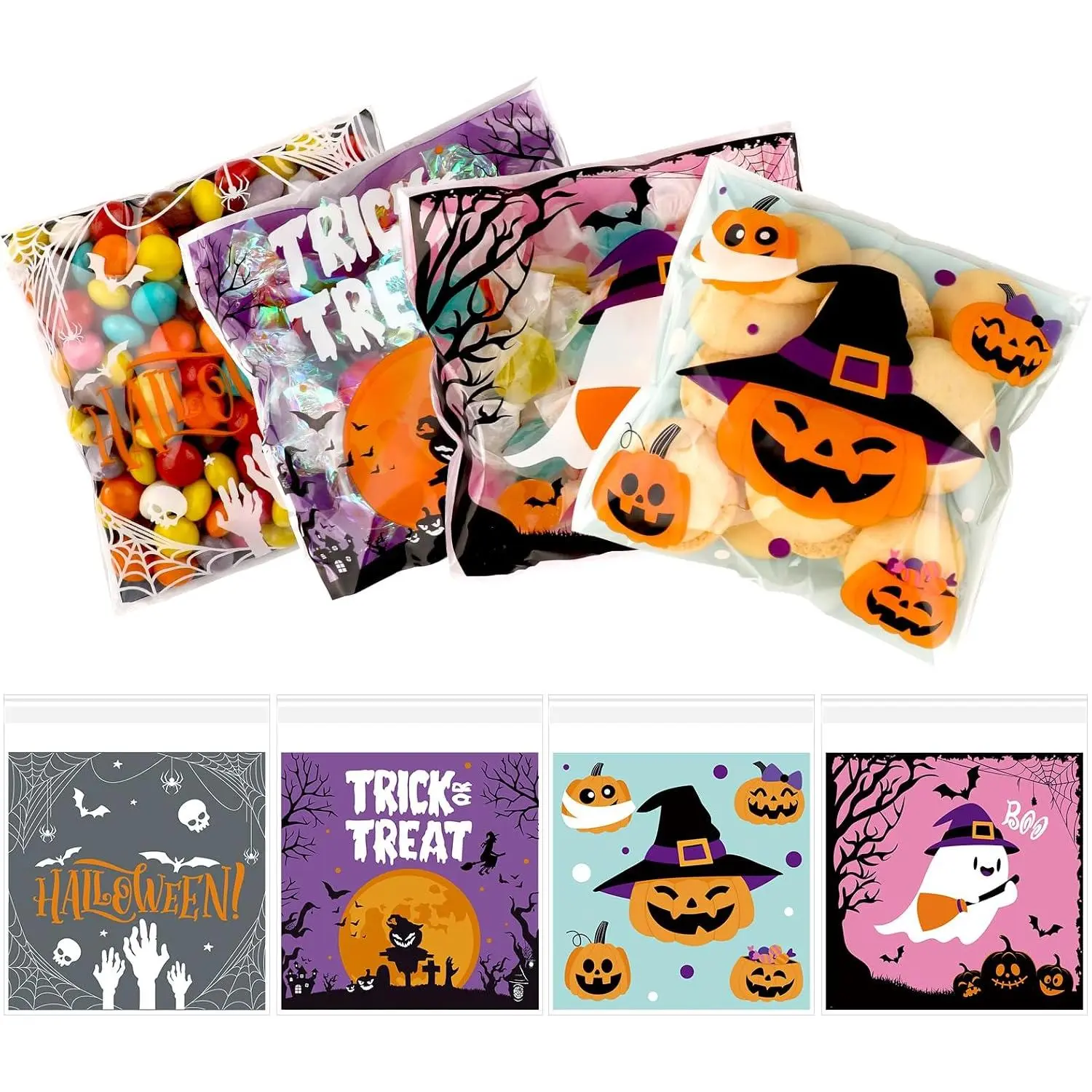 100 count Small Halloween  Bags, Self Adhesive Clear Cookie Bags Halloween Cellophane Baggies for Candy Trick or  Party Favor Supplies