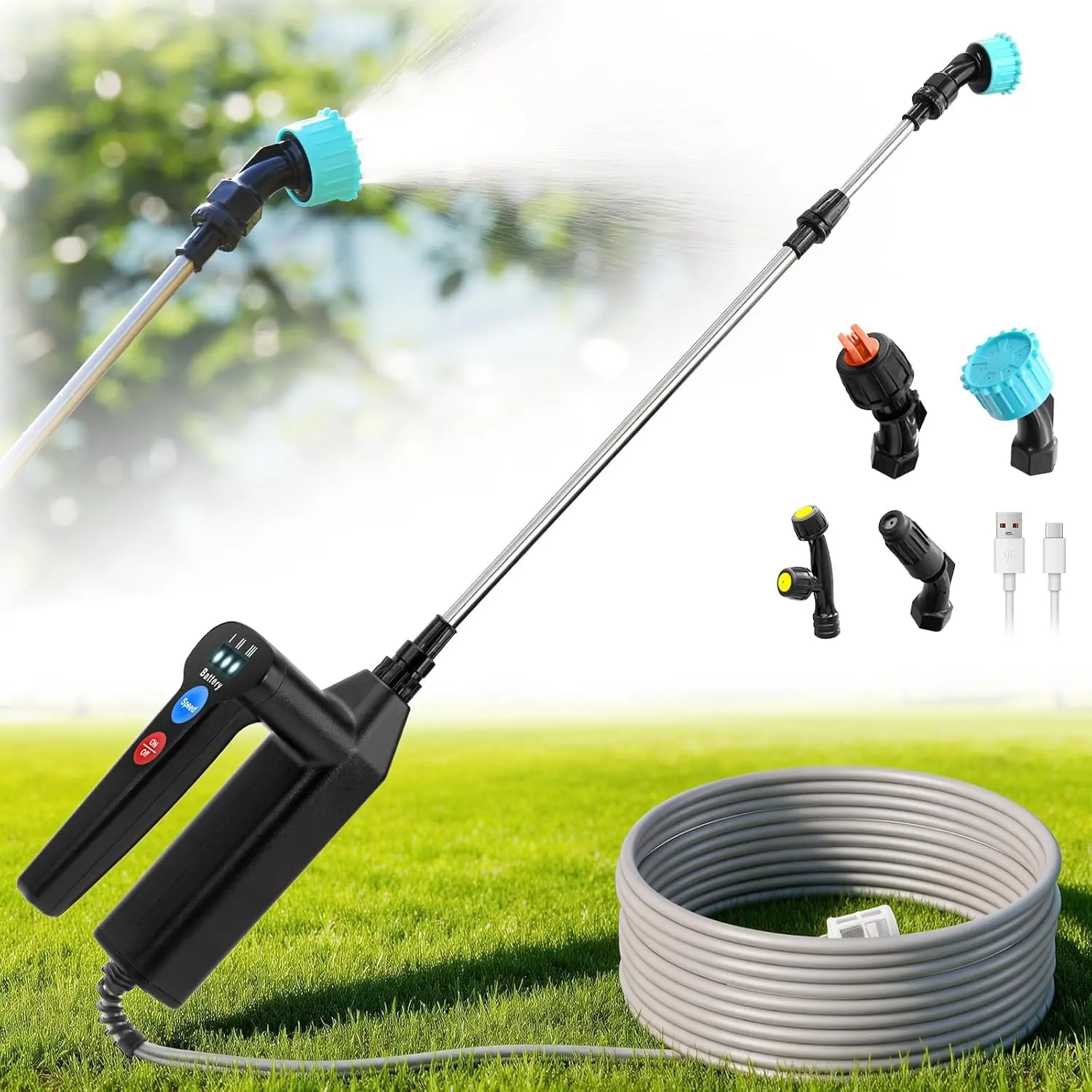 Sprayer Wand with 32.8FT Extended Hose, Electric Garden Sprayer with 3 Speeds &  , 4 Nozzles, 7.4V Portable Weed Sprayer for Lawn Care, Fertilizing, Watering