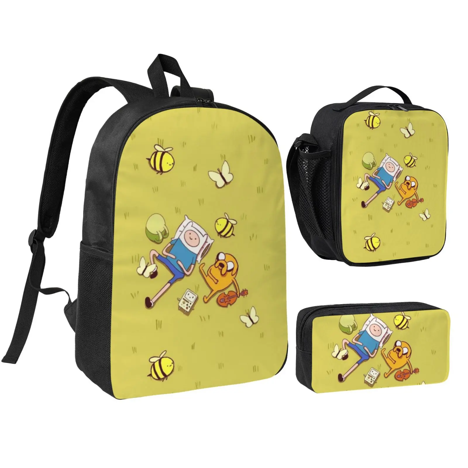 Cute Polyester Anime BMO2 3-Piece Kids' School Bag Set - Safe, Waterproof, All-Season Backpack with Lunch Bag, Pencil Box, Adjustable Straps for Teen Girls Boys
