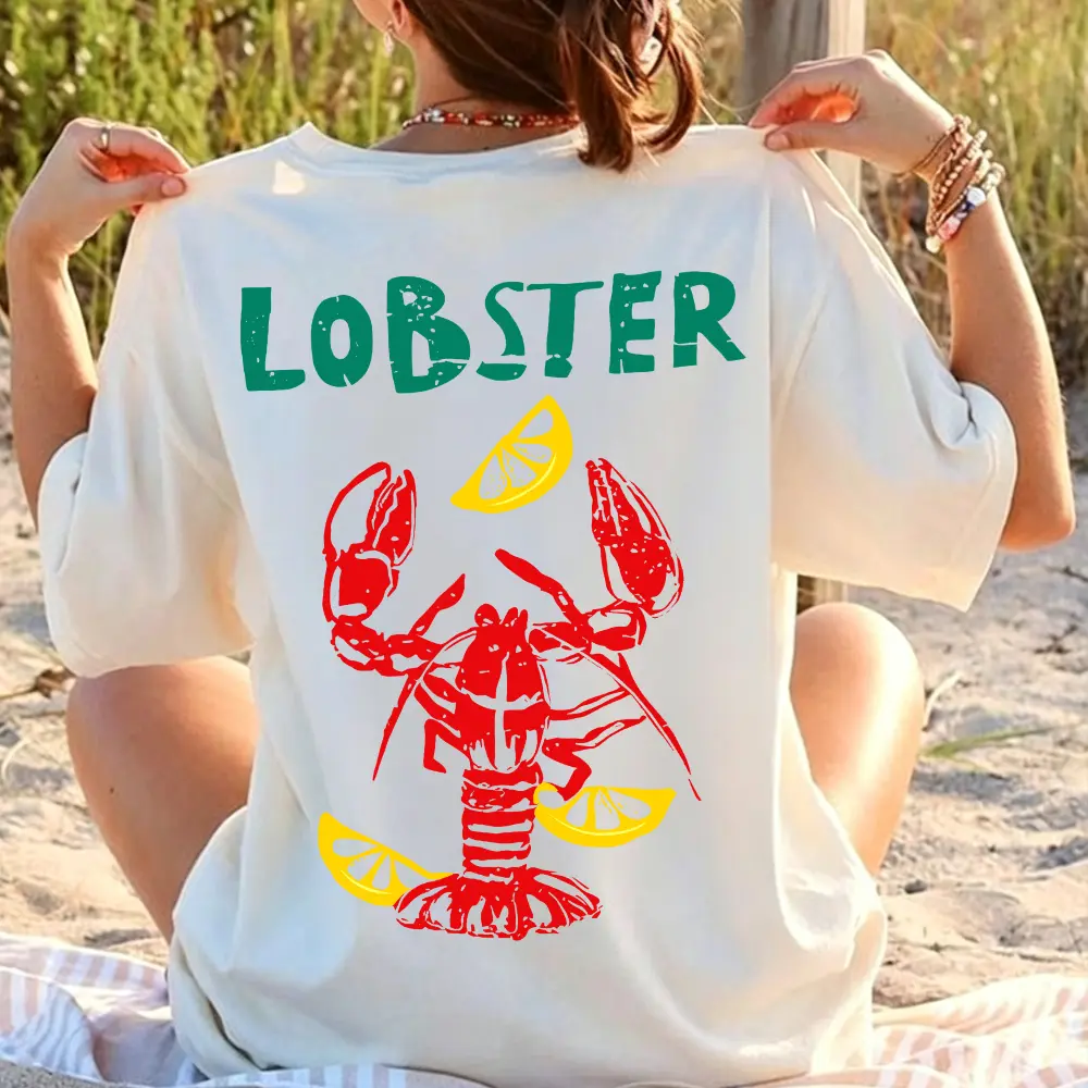 Women's Vintage Lobster Print Pure Cotton T-Shirt - Oversize Cut, Short Sleeve, Crew Neck, Breathable, Coastal Aesthetic, Light Everyday Fabric, Unisex Seafood Boil Streetwear Clothes, Cute Lemon Ocean Casual Top
