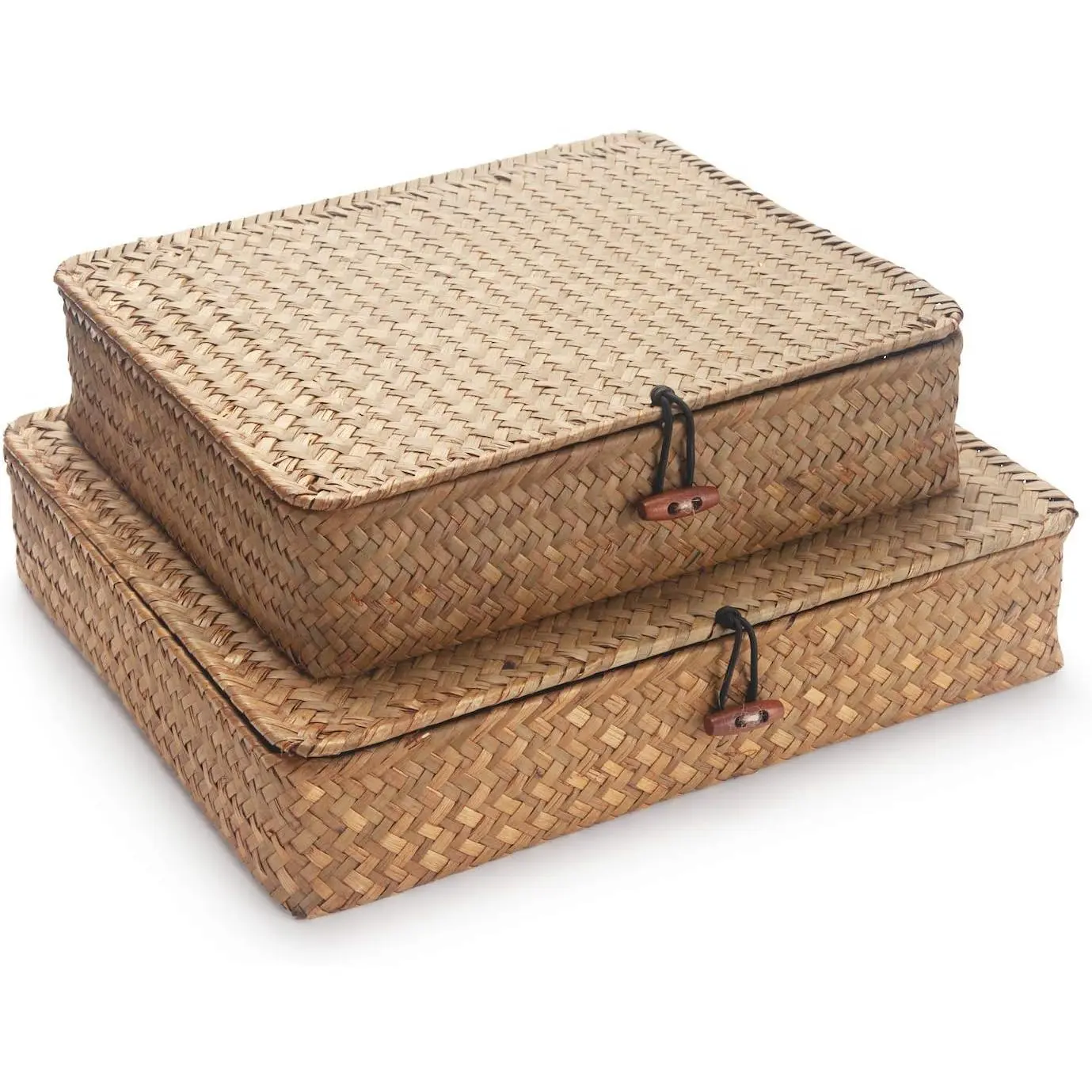 Flat Seagrass Storage Bins with Lid, Wicker Basket for Shelf Organize, Set of 2 (Small+Large)