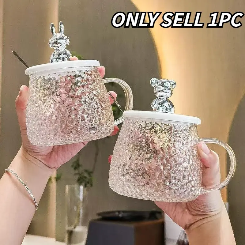 1 Small Bear Cup with Handle, Glass Cup with Spoon, Household Mug, Coffee Cup, Summer Water Cup, Classic Coffee Mugs, Drinkware