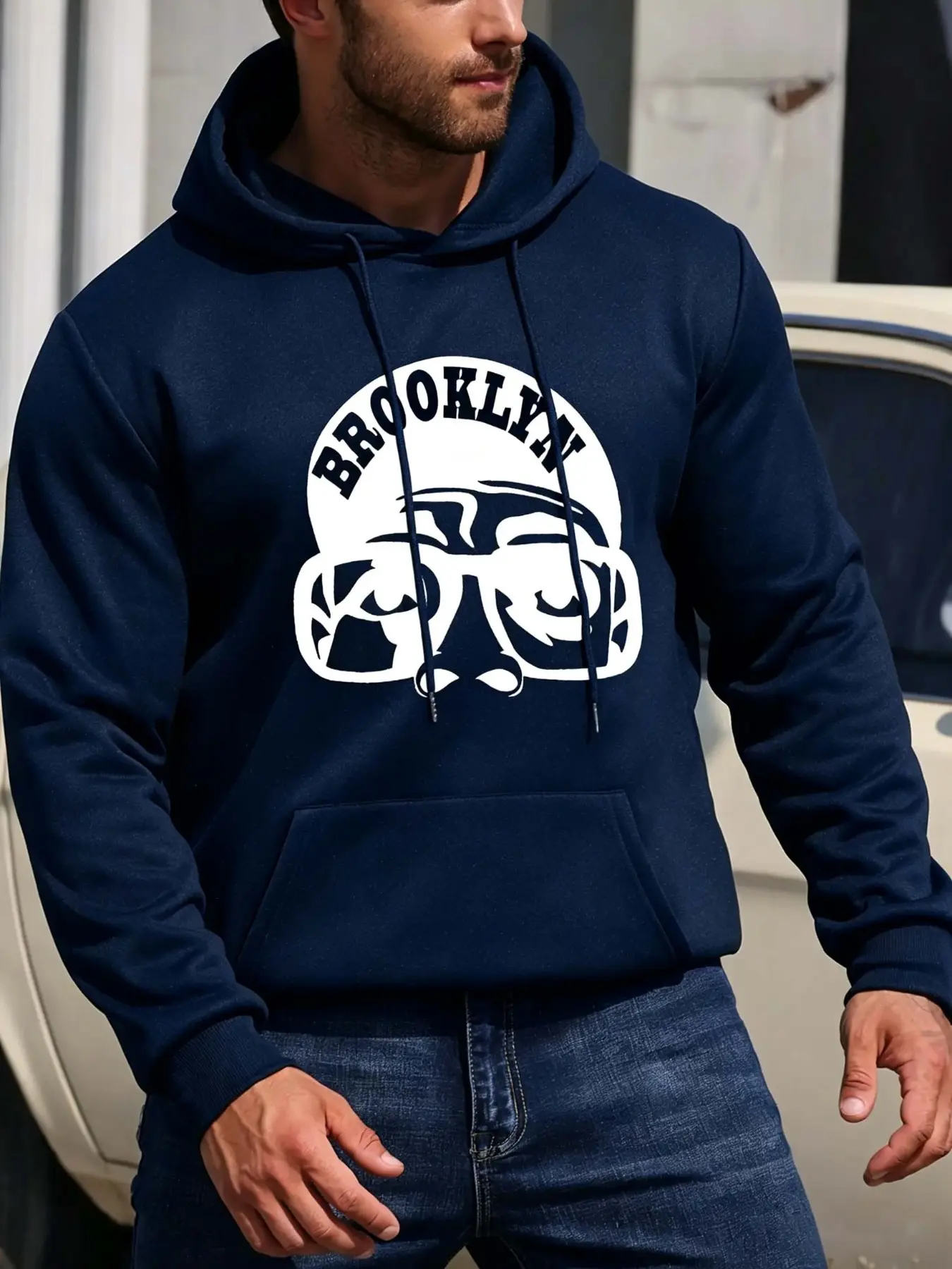 Men's Brooklyn Letter Print Casual Sweatshirt, Fashion Drawstring Graphic Hoodie, Comfortable Long Sleeve Hooded Top for Fall Winter