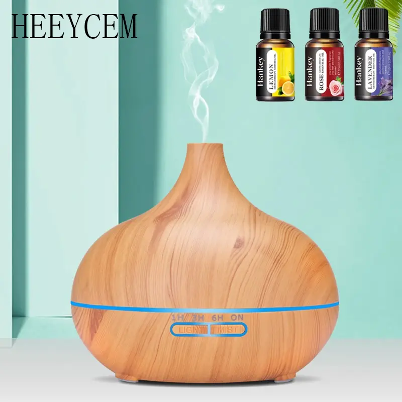 Wood grain aroma diffuser, home remote control humidifier, used with essential oils, can be timed, remotely operated, LED colorful lights, switch mist mode, suitable for home bedroom, SPA, office rest