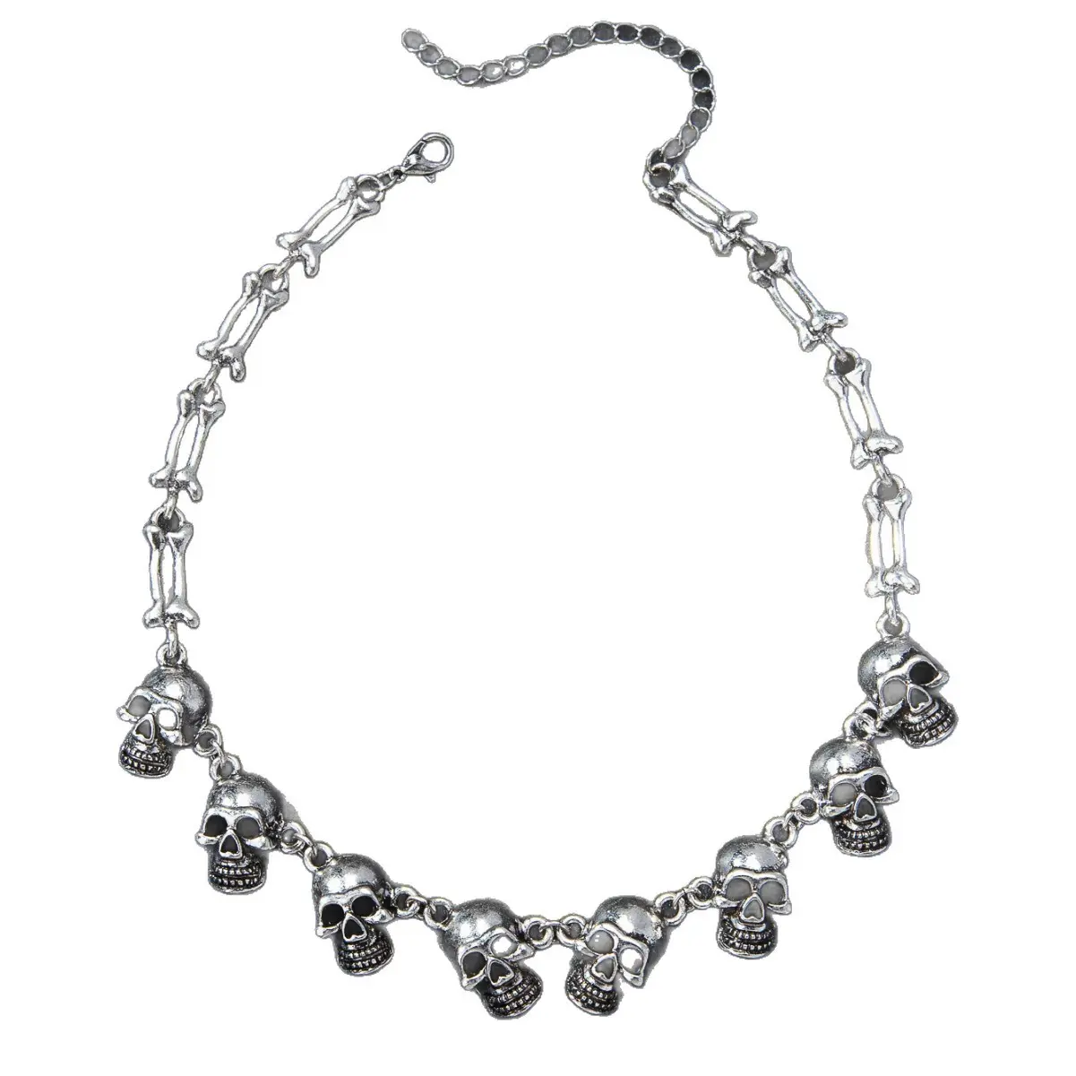 Loveden Multi Skull Pendant Choker Necklace - Antique Silver Bone Link Chain, Gothic Punk Dark Aesthetic Statement Costume Jewelry, Unisex for Halloween Cosplay, Daily Streetwear,TS0010