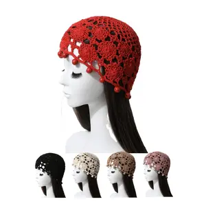 1pc Women's Fashionable Handmade Beaded Crochet Hollow Brimless Cap, Vintage Exotic Thin Knitted Headwrap For Spring/Summer