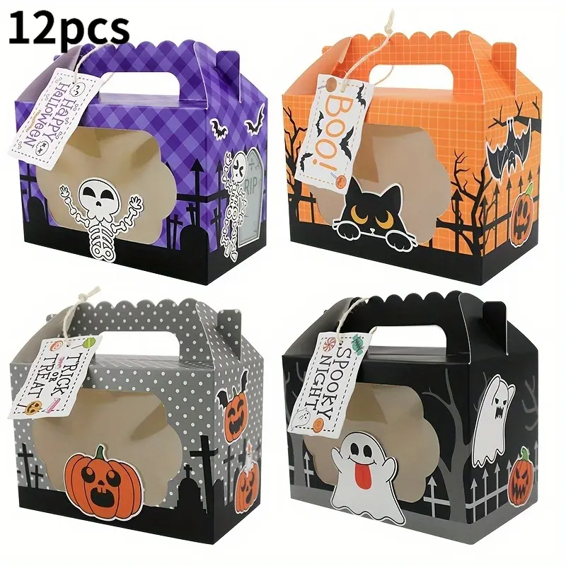 Halloween Gift Set, 12 Candy Boxes With Windows - 4 Unique Designs (Pumpkin, Bat, Haunted House, Cat), Halloween Party Favor Gift Candy Boxes, Halloween Decorative Candies