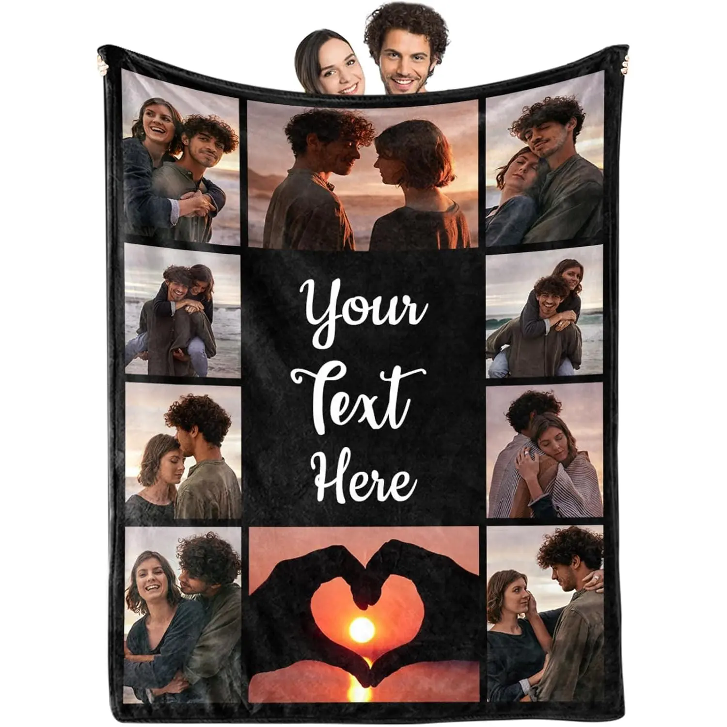Custom Photo Collage Flannel Throw Blanket for Couples, Personalized Memory Blanket with Text Center & Heart Sunset Design, Soft Cozy Warm Throw Blanket for Anniversary, Valentine’s Day, Wedding & Birthday Gift