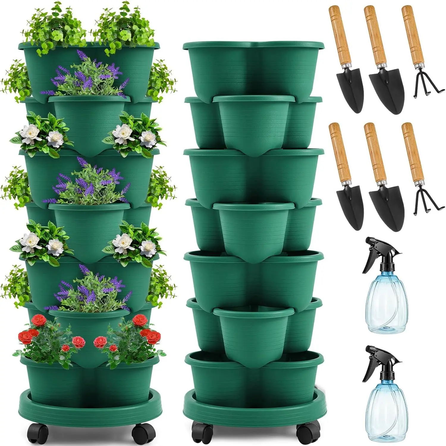 Dark Green Tiered Gardening Pots - 2 Sets of 7-Tier Stackable Vertical Planters with Removable Wheels and Tools for Strawberry, Herb, Flower, Vegetable (Indoor/Outdoor Use)