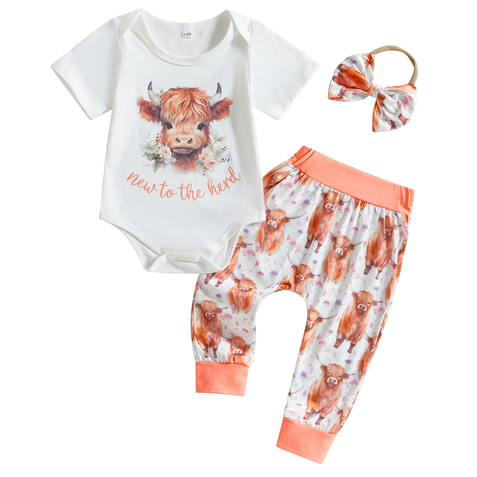 Baby Girl Casual Animal Theme Summer 3-Pcs Clothes Set - Letter Cow Print Short Sleeve Romper, Long Pants, Headband, Set Pack, Baby Clothing, Rompers Set