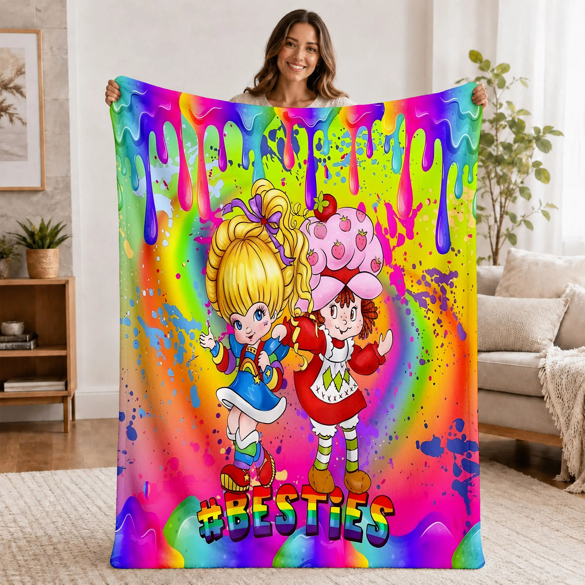 Rainbow Brite Strawberry Shortcake Retro Cozy Fleece Blanket, Warm Ultra Soft Plush Throw, Travel Adult Fans Decor, Comfortable Home Accessory