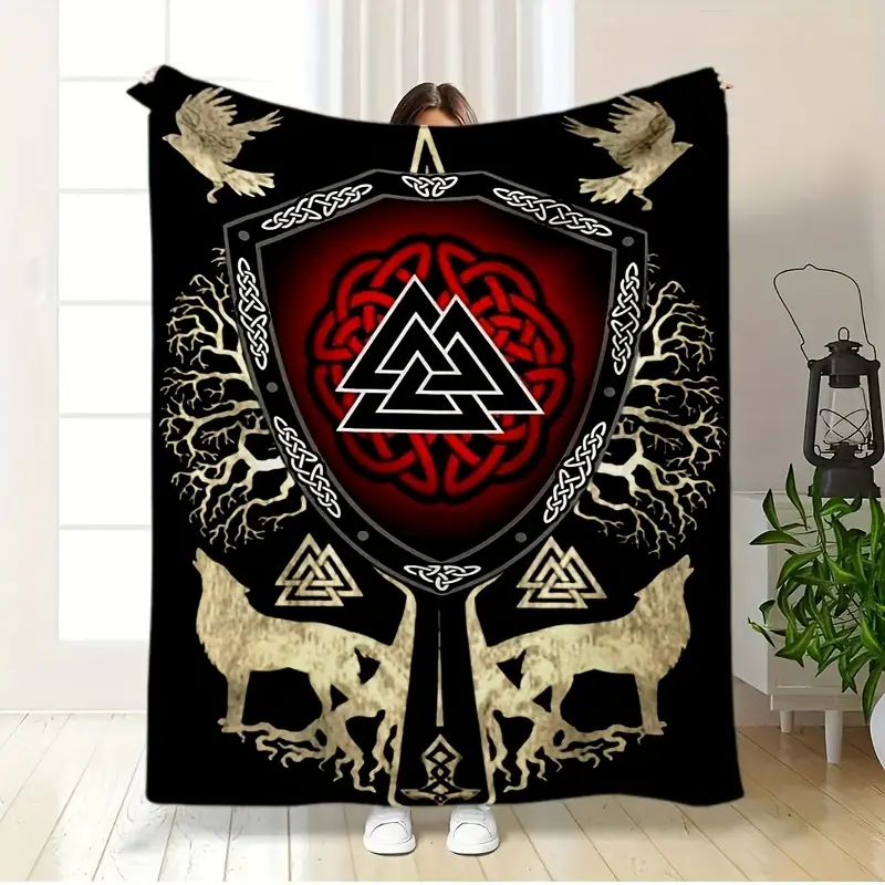 Cozy Viking Valhalla Flannel Blanket – Norse Mythology Design with Celtic Knot, Tree of Life & Beasts – Soft, Warm, and Perfect for Home Decor, Camping, Travel, or Gifts, Travel Blanket | Vibrant Throw Blanket | Cozy Warm Throw