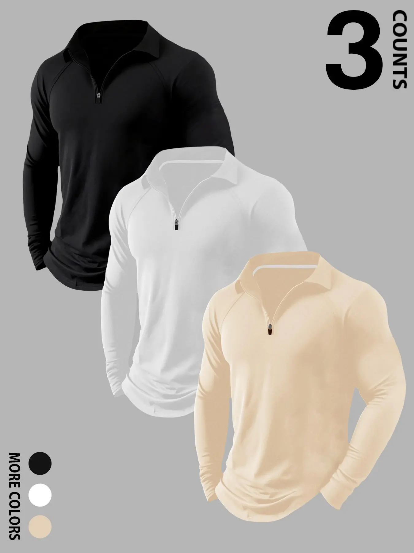 Men's 3-Pack Minimalist Solid Apricot Quarter-Zip Turn-Down Collar Long Sleeve Functional Polo, Casual Fitted Geometric Pattern