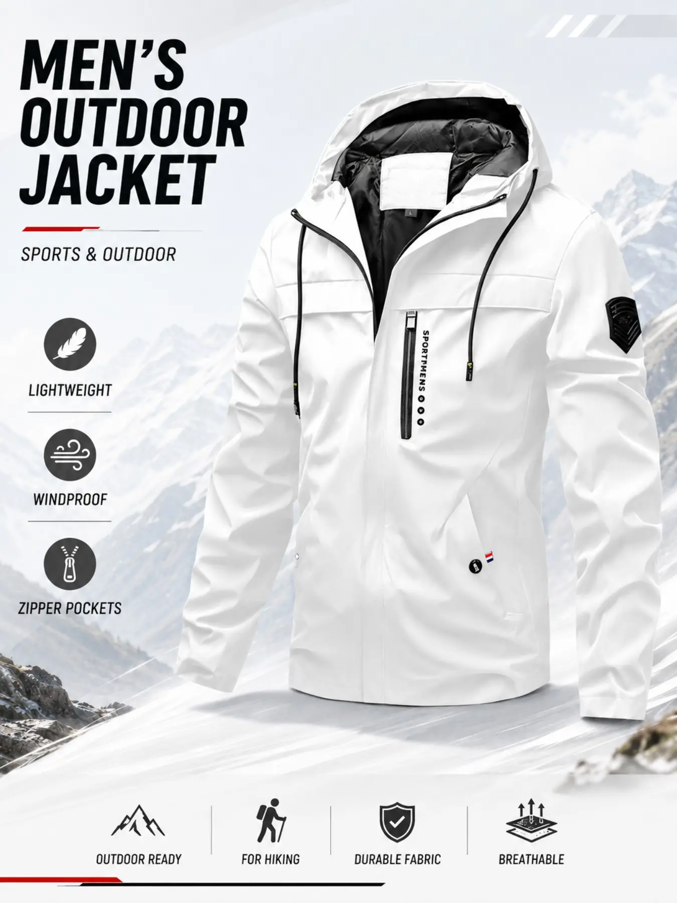 Men's Functional Hooded Sports Jacket, Windproof Waterproof Outdoor Climbing Coat, Drawstring Hat Zip Pocket Cycling Fitness Jacket, Athletic Outerwear