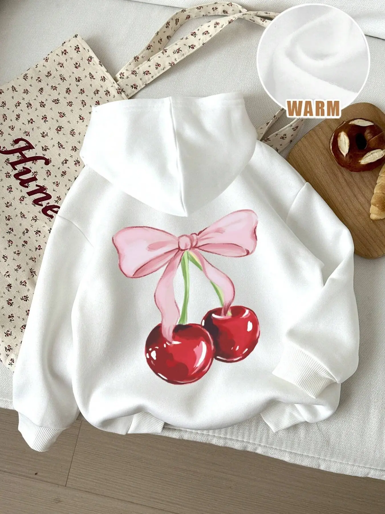 Women's Hooded Sweatshirt, Cherry Pattern Loose Fit Long Sleeve, Casual Fall Winter Top, Perfect for Daily Wear and Events