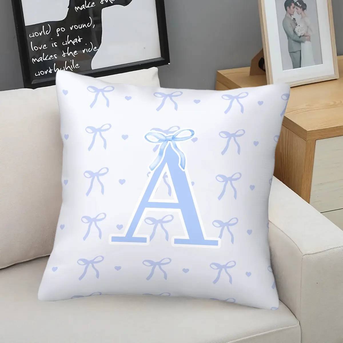 Initial A-Z Blue Bow Tiny Heart Throw Pillow, Cute Princess Style Cushion Accent Pillow Includes Pillow Core, Soft Breathable Fabric, For Sofa Couch Bedroom Dorm Decor, Sweet Gift for Little Girls Women, Home Decorative Cushion