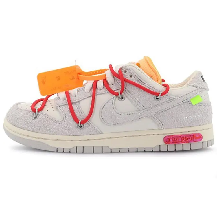 Off-White x Nike Dunk The 50 No.40 Unisex Low-Top Sneakers in Gray, White, Red Laces, and Orange Accents Verifiable, with credentials and supporting global authentication