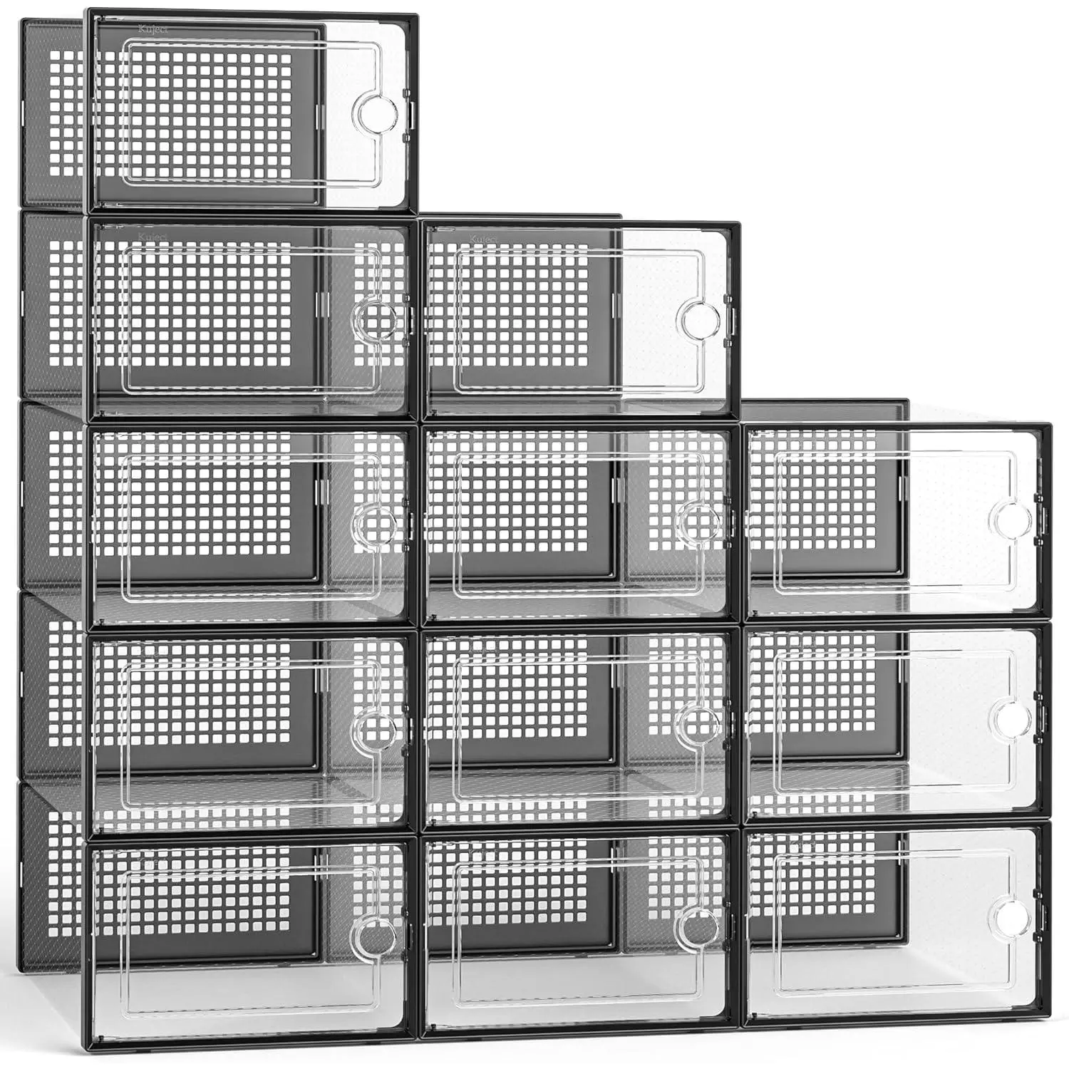 12 Pack Large Shoe Boxes, Clear Stackable Containers with Lids,Black | Shoe organizers for closet & entryway, under-bed,Drop-front design fits women's size 10